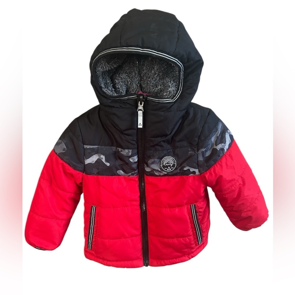 Gerry Toddler Boys Red Black Hooded Puffer Winter Coat Sherpa Lined Size 2T